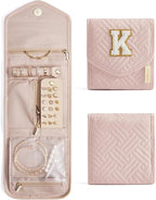BAGSMART Travel Jewelry Organizer Case K Initial Foldable Jewelry Roll for Journey Rings, Necklaces, Earrings, Bracelets,Mini,Letter K,Soft Pink