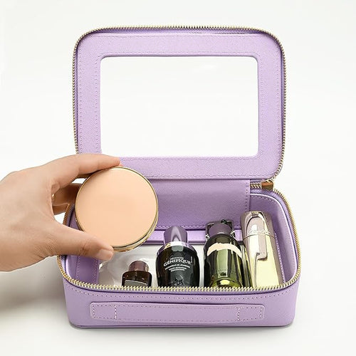 Aveniee Clear Makeup Bag Organizer, Travel Toiletry Bag Cosmetic Case for Women, Portable Make Up Skincare Pouch Car Organizer Bag with Zippers for Essentials,Lilac