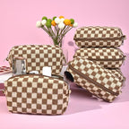 SOIDRAM Checkered Makeup Bag Preppy Cosmetic Bag Bulk Brown Makeup Pouch Personalize Travel Toiletry Bag Organizer Cute DIY Makeup Brushes Storage Bag for Women
