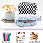 PAZIMIIK Checkered Makeup Bag for Purse Portable Zipper Make Up Pouch Small Cosmetic Case for Travel Accessories (2PCS Blue)