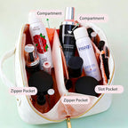 Cosmetic Bag,Travel Makeup Bag, Large Capacity Cosmetic Bags for Women, Waterproof Portable Open Flat Toiletry Bags,Makeup Organizer Bag with Divider and Handle, Cosmetic Pouch Gifts for Women (White)