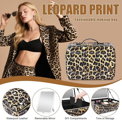 15''X11'' Large Makeup Bag with Removable Lighted Mirror, Professional Travel Make up Bag with Mirror and Light Cosmetic Train Case Organizer, PU Leather with Adjustable Dividers & Brush Storage Board