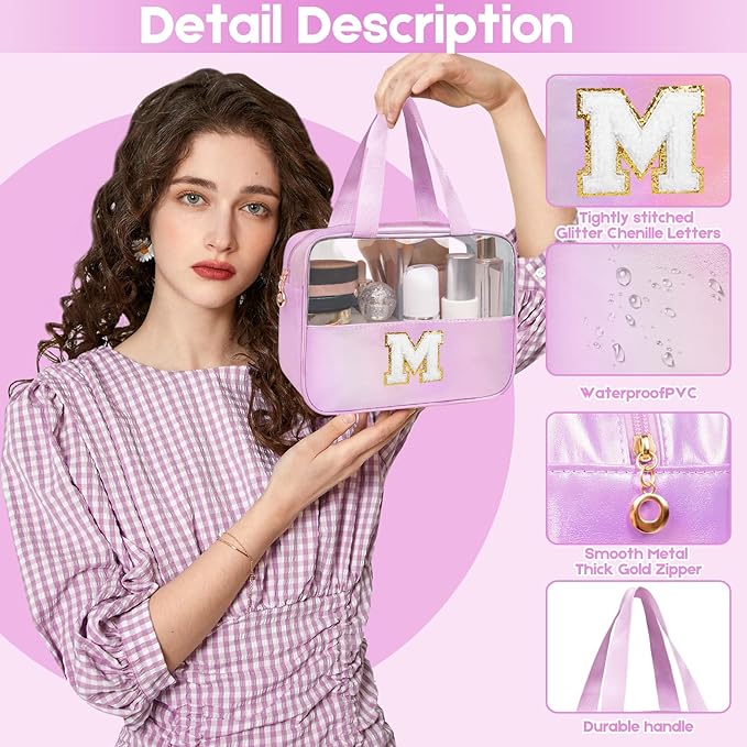 Personalized Initial L Clear Purple Makeup Bag - Large Travel Toiletry Bag, Cute Cosmetic Organizer Set for Girlfriend, Teacher, Teen Girl Gifts