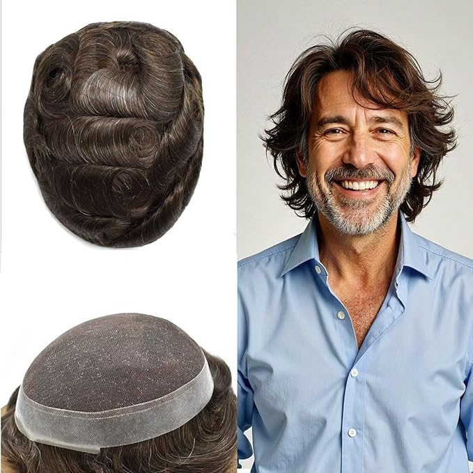 FACE MIRACLE Mens Toupee Lace Front Hairpieces Soft Human Hair Replacement System Natural Hairline Toupee for Men French Lace Poly V-Looped Mens hair Units 6"X9" #310 Dark Brown with 10% Gray