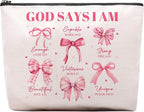 God Says I Am Makeup Bag, Pink Coquette Bow Bible Verse Cosmetic Bag, Inspirational Christian Gifts for Women, Religious Faith Based Gifts Inspirational Affirmations Gift Bag
