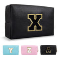 Personalized Initial A-Z Preppy Patch Makeup Bag,Small PU Chenille Letter Cosmetic Bag with Zipper for Teen Girls,Black Cute Toiletry Organizer Bag,Monogram Makeup Case Gift for Women Girls,Letter X