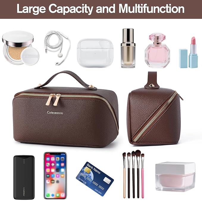 Makeup Bag, Travel Toiletry Bag for Women, Large Capacity Waterproof Rhombus Stitching Pattern PU Leather Cosmetic Bags Make Up Organizer Bags with Headband and Wristband Set (Burgundy)
