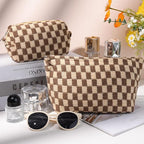Travel Makeup Bag, Checkered Cosmetic Bag Make Up Organizer Case for Women, Small Toiletry Bag Skincare Pouch for Toiletries Accessories Brushes, 2PCS