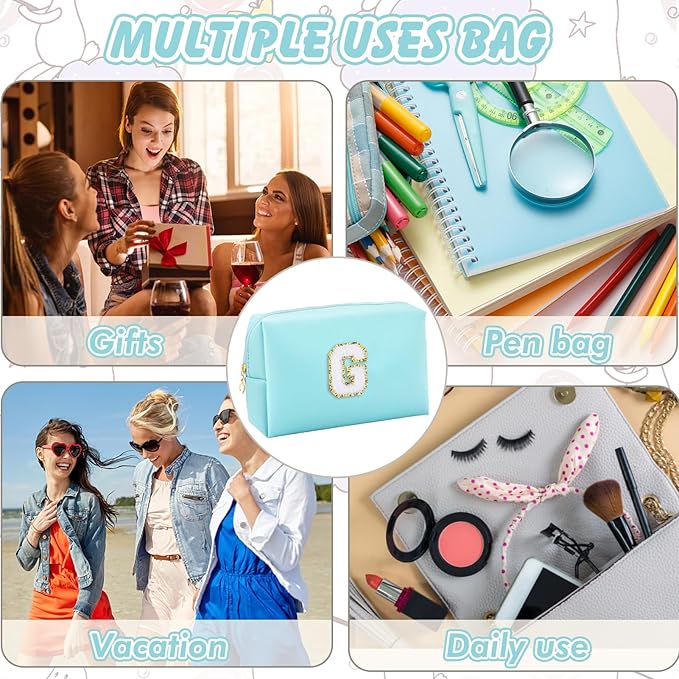 Gifts for Girls Initial Makeup Bag Personalized Cosmetic Bag with Zipper Cute Travel Toiletry Bag Waterproof PU Preppy Makeup Pouch Birthday Gift for Teen Girls Women(Blue G)