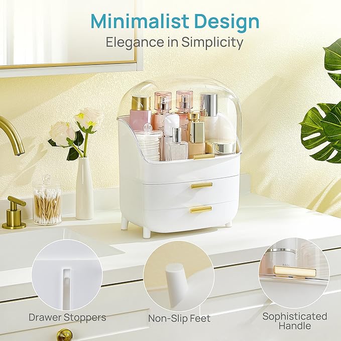 Vtopmart 3-Tier Skincare Makeup Organizer with Drawers and Lid for Vanity and Bathroom Countertop, Large Cosmetic Storage Box Case for Dresser, with Non-Slip Base