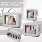 Pinkmik Travel Clear Makeup Bag with Brush Case TSA Approved Toiletry Bag Waterproof Cosmetic Organizer with Zipper Car Essential for Women (Gray, M+SLIM)