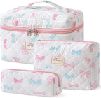 HBselect Quilted Makeup Bag, 3PCS Cotton Large Travel Makeup Bag, Cute Floral Coquette Make up Bag Cosmetic Bag Toiletry Bag for Women Girls