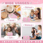 Small Personalized Initial A-Z Patch Makeup Bag,Pink Cute PU Leather Glitter Letter Cosmetic Bag for Teen Girls,Travel Toiletry Bag with Zipper,Preppy Monogrammed Birthday Gift for Daughter Niece G
