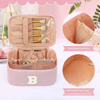 OCHEAL Makeup Bag for Women, Monogram Cosmetic Bag with Brush Holder, Pink Travel Makeup Case Beauty Toiletry Bag Organizer Personalized Gifts for Girls Bridesmaid, Sister, Wife, Friends Initial B