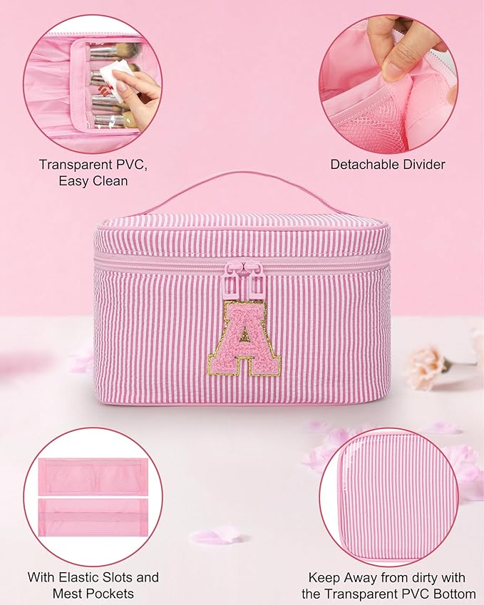 MONSTINA Initial Makeup Bag with Brush Holder for Women,Make Up Case for Girlfriend Bridesmaid Wife|Personalized Birthday Gift for Her Cute Toiletry Bag,2PCS,Pink K