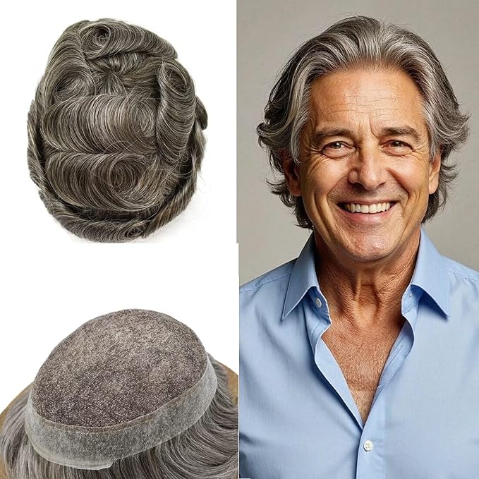 Mens Toupee Human Hair Piece French Lace Toupee for Man Hair System Indian Human Hair Replacement Systems V-Looped PU Front Hairpieces 6"X9" #450 Medium Brown with 50% Gray
