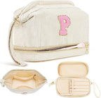 Makeup Bag for Girls Gift, Personalized Christmas Gifts Initial Women Makeup Bag for Travel, Double Layer Cosmetic Bag with Brush Organizer Preppy Make up Bag for Teen Girl Trendy - P