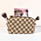SOIDRAM Checkered Makeup Bag Preppy Cosmetic Bag Bulk Brown Makeup Pouch Personalize Travel Toiletry Bag Organizer Cute DIY Makeup Brushes Storage Bag for Women