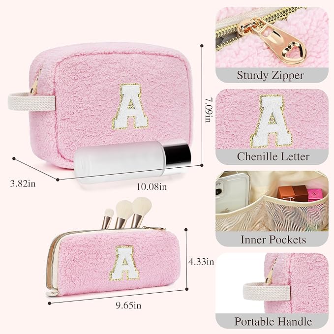 2PCS Makeup Bag with Initials, Christmas Day Gifts for Teen Girls Trendy Stuff, Personalized Cosmetic Travel Bag Pouch for Granddaughter, Cute Plush Make up Bags for Birthday - Pink N