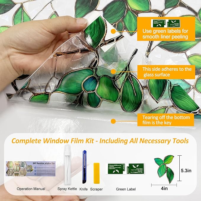 Stained Glass Window Privacy FilmDecorative Rainbow Static Clings -ldeal for Home &Office,Adhesive-Free,Removable, Uv-Blocking(Green Rainbow, 45.2 X 157.4 in)
