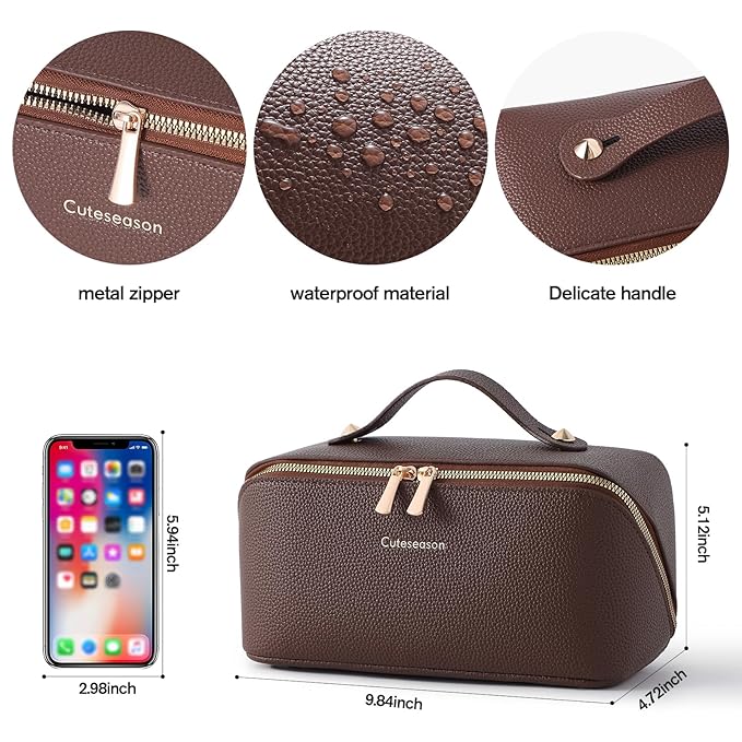 Makeup Bag, Travel Toiletry Bag for Women, Large Capacity Waterproof Crocodile Pattern PU Leather Cosmetic Bags Make Up Organizer Bags with Headband and Wristband Set (White)