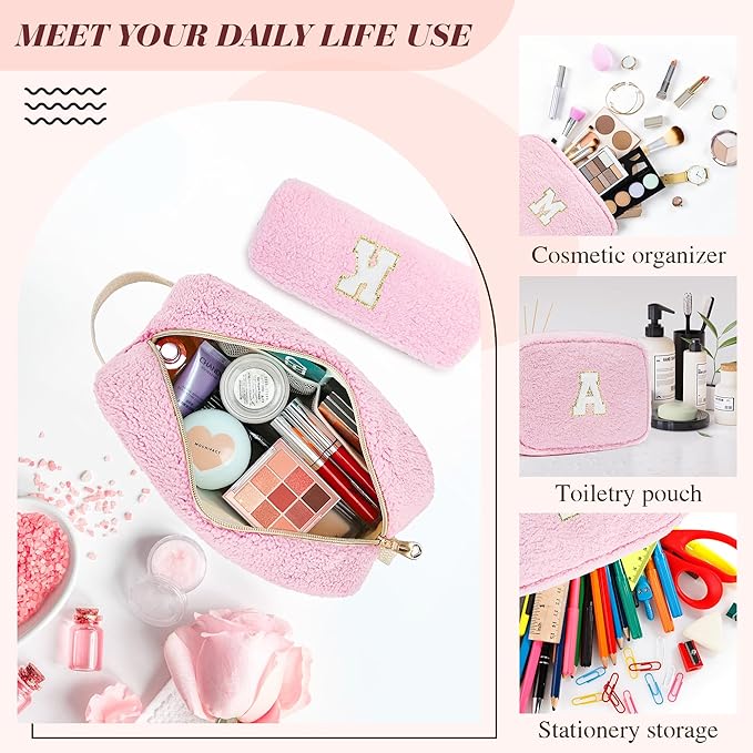 2PCS Makeup Bag with Initials, Christmas Day Gifts for Teen Girls Trendy Stuff, Personalized Cosmetic Travel Bag Pouch for Granddaughter, Cute Plush Make up Bags for Birthday - Pink U