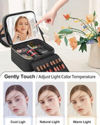 TANTO Travel Makeup Bag with LED Mirror Double Layer Makeup Case with Lighted Mirror Dual Layer Cosmetic Train Case Portable Artist Organizer Bag with Dividers and Rechargeable Vanity (Black, Small)