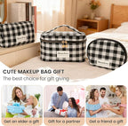 FAELBATY Makeup Bags for Women, 3 PCS Large Travel Makeup Bag Set, Checkered Fabric Cosmetic Bag for Toiletry (Black)