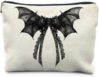 Halloween Coquette Lace Bow Bat Cosmetic Bag - Gothic Black, Girly Makeup Pouch