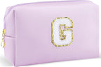 Gifts for Girls Initial Makeup Bag Personalized Cosmetic Bag with Zipper Cute Travel Toiletry Bag Waterproof PU Preppy Makeup Pouch Birthday Gift for Teen Girls Women(Purple G)