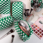 SOIDRAM Checkered Makeup Bag Preppy Cosmetic Bag Bulk Green Makeup Pouch Personalize Travel Toiletry Bag Organizer Cute DIY Makeup Brushes Storage Bag for Women