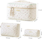 HBselect Quilted Makeup Bag, 3PCS Cotton Large Travel Makeup Bag, Cute Floral Coquette Make up Bag Cosmetic Bag Toiletry Bag for Women Girls