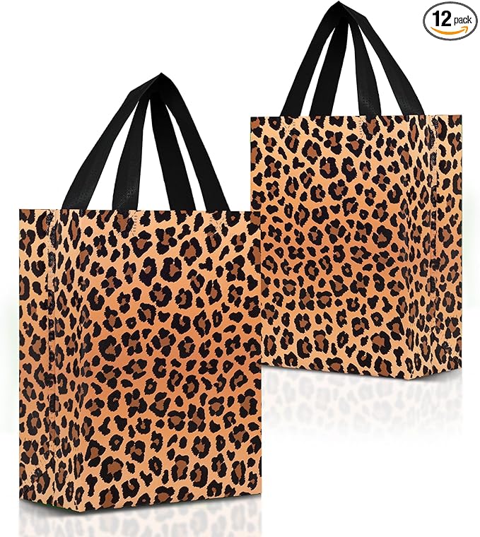 Nush Nush Leopard Gift Bags Medium Size– Set of 12 Cheetah Gift Bags With Handles - Reusable Goodie Bag for Animal Print Party, Safari Party Favors, Jungle Theme Birthday - 8x4x10 Size
