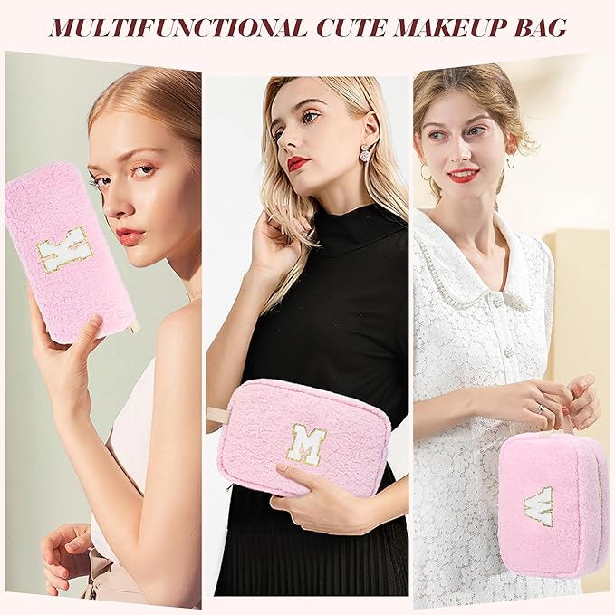 2PCS Makeup Bag with Initials, Christmas Day Gifts for Teen Girls Trendy Stuff, Personalized Cosmetic Travel Bag Pouch for Granddaughter, Cute Plush Make up Bags for Birthday - Pink N