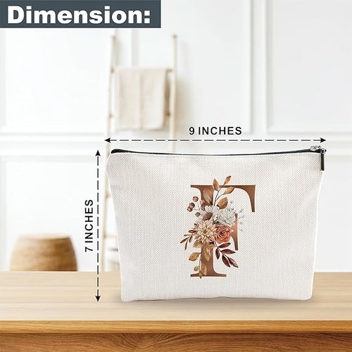 A-Z Boho Personalized Cosmetic Bag-Floral Cotton Letter Makeup Bag With Zipper-Artistic Cosmetic Bag For Travel-Bride,Birthday Gift For Women Daughter Friends-Women Makeup Organizer-A06
