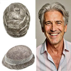 Mens Toupee Human Hair Piece French Lace Toupee for Man Hair System Indian Human Hair Replacement Systems V-Looped PU Front Hairpieces 6"X8" #380 Dark Brown with 80% Gray