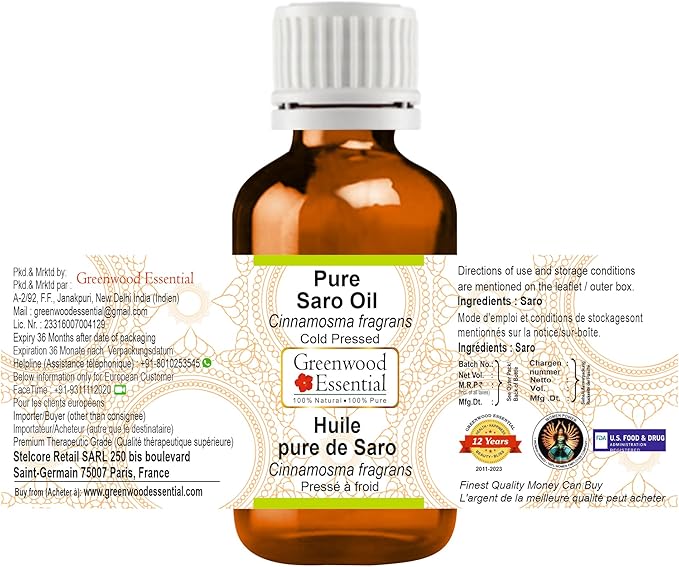 Greenwood Essential Pure Saro Essential Oil (Cinnamosma fragrans) Steam Distilled 100ml (3.38 oz)