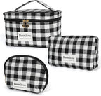 FAELBATY Makeup Bags for Women, 3 PCS Large Travel Makeup Bag Set, Checkered Fabric Cosmetic Bag for Toiletry (Black)