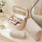HBselect Quilted Makeup Bag, 3PCS Cotton Large Travel Makeup Bag, Cute Floral Coquette Make up Bag Cosmetic Bag Toiletry Bag for Women Girls