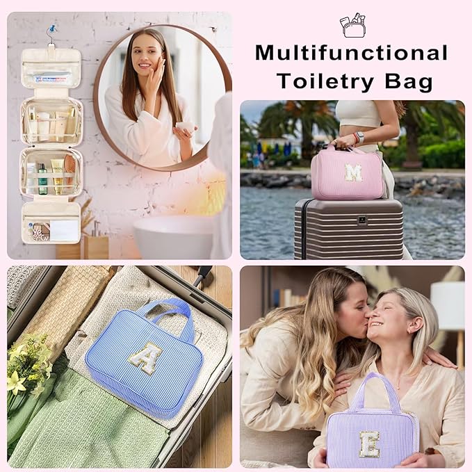 TOPEAST Hanging Toiletry Bag for Women - Travel Toiletry Bag Makeup Bag, Portable Toiletries Cosmetic Bag, Airplane Travel Essentials - Letter W, Blue
