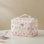 HBselect Quilted Makeup Bag, 3PCS Cotton Large Travel Makeup Bag, Cute Floral Coquette Make up Bag Cosmetic Bag Toiletry Bag for Women Girls