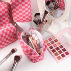 SOIDRAM Checkered Makeup Bag Preppy Cosmetic Bag Bulk Pink Makeup Pouch Personalize Travel Toiletry Bag Organizer Cute DIY Makeup Brushes Storage Bag for Women