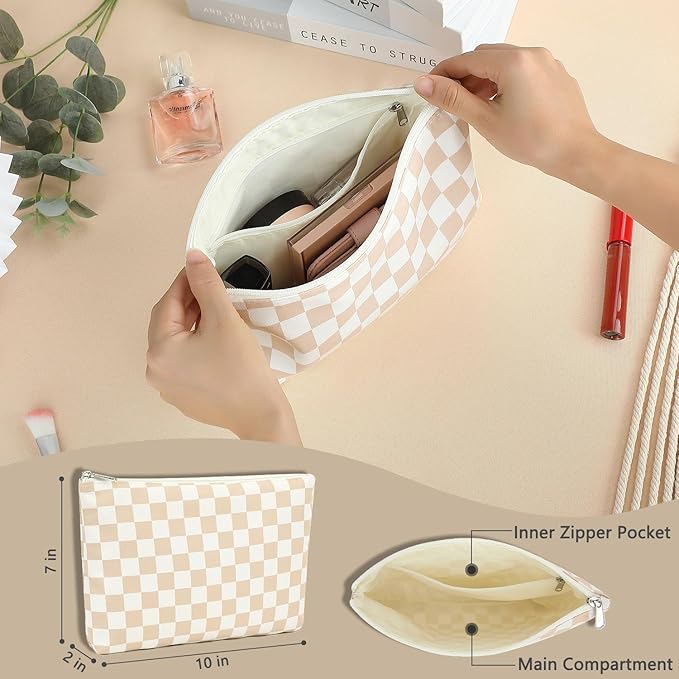 Checkered Makeup Bag, Travel Cosmetic Bag Organizer Toiletry Bag Make Up Bags with Zipper & Compartments for Women Girls