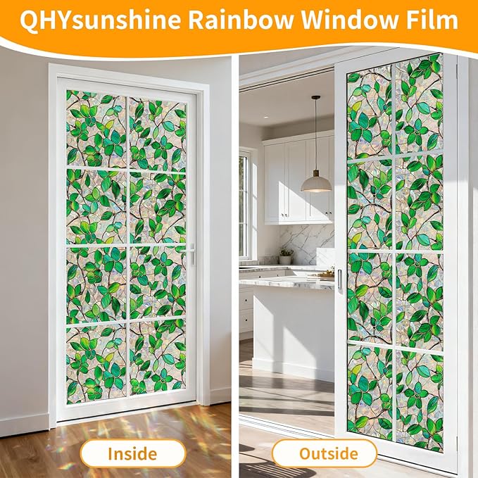 Stained Glass Window Privacy FilmDecorative Rainbow Static Clings -ldeal for Home &Office,Adhesive-Free,Removable, Uv-Blocking(Green Rainbow, 45.2 X 157.4 in)