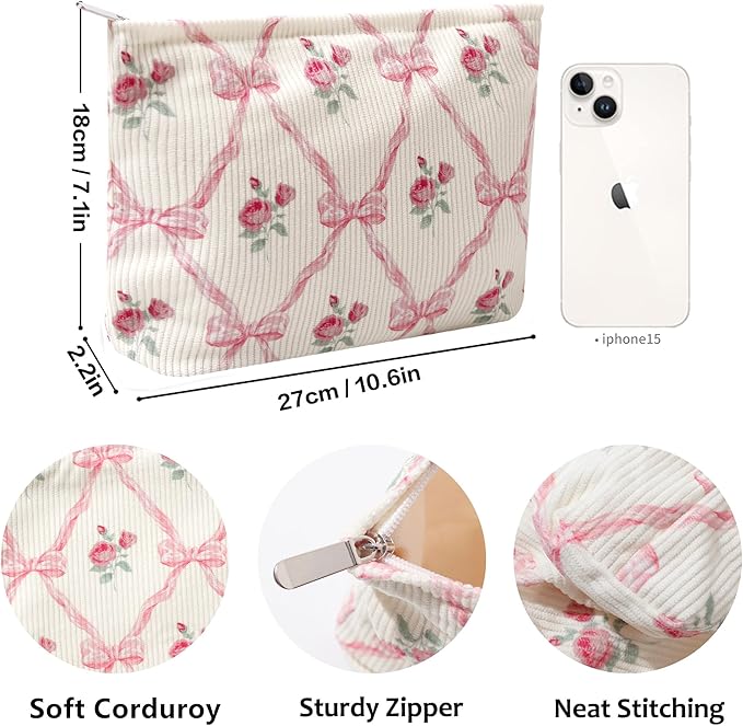 Cosmetic Bags for Women - Corduroy Cosmetic Bag Aesthetic Women Handbags Purses Smile Dots Makeup Organizer Storage Makeup Bag Girls Case Bags (Flowers-Apis)