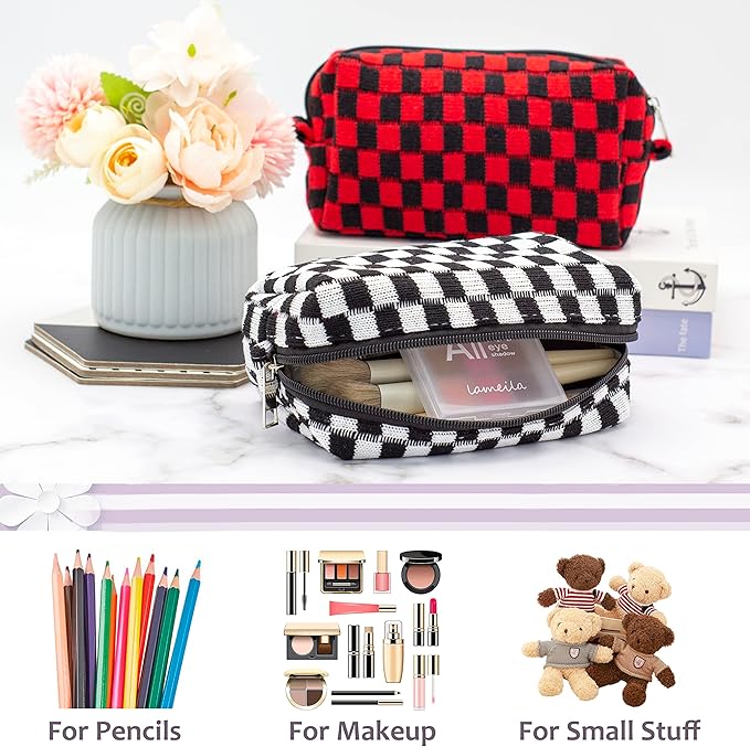 PAZIMIIK Checkered Makeup Bag for Purse Portable Zipper Make Up Pouch Small Cosmetic Case for Travel Accessories (2PCS Black)