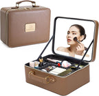 Travle Makeup Bag with LED Mirror, Makeup Train Case with Light Up Mirror, Portable Waterproof Makeup Organizer with Adjustable Dividers, Cosmetic Brush Holder Storage for Women Gift