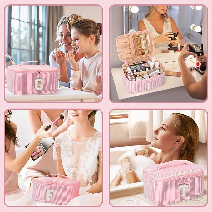 OCHEAL Makeup Bag for Women, Monogram Cosmetic Bag with Brush Holder, Pink Travel Makeup Case Beauty Toiletry Bag Organizer Personalized Gifts for Girls Bridesmaid, Sister, Wife, Friends Initial G