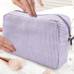 GFU Cosmetic Bags for Women, Seersucker Cosmetic Bag, Travel Toiletry Stripe Makeup Bag, Large Women Aesthetic Organizer Storage Pouch, Girls Handbags Purses,Purple