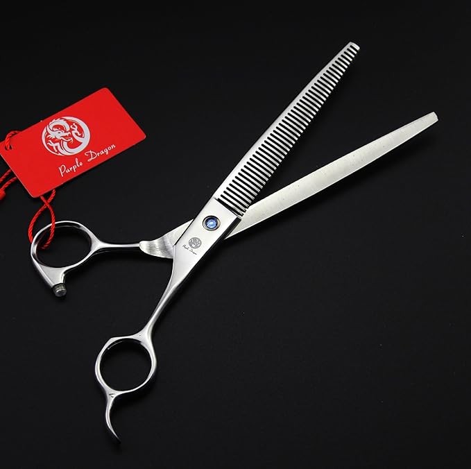 Purple Dragon 8 inch 3 in 1 Professional Pet Grooming Thinning Scissors - Upward Curved Shears and Dog Hair Cutting Scissor - Perfect for Pet Groomer or Family DIY Use (Silver)